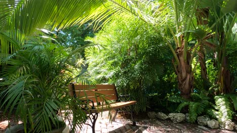 Secluded-garden-nook-with-wooden-bench-amid-lush-tropical-plants