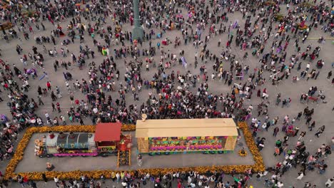 Aerial-Footage-of-Dia-de-Muertos-Offering-in-Mexico-City-Historic-Center