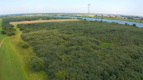 Aerial-top-view-of-drone-flying-above-farmland-river-in-the-background