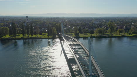 Tracking-shot-of-a-bridge-over-the-river-Rhine-connecting-France-and-Germany