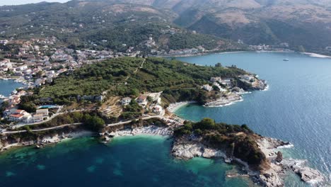 Aerial-view-of-Porto-Timoni-beach-in-the-island-of-Corfu,-Greece