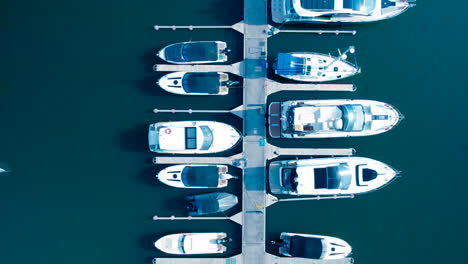 Top-down-aerial-view-of-boats-docked-at-a-marina-with-clear-blue-water