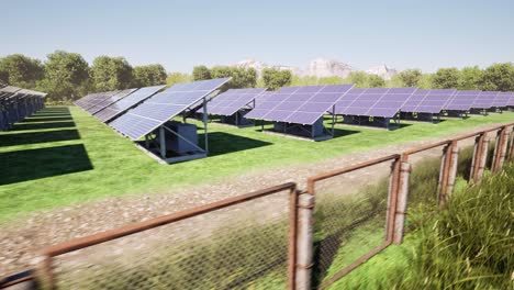 A-solar-park,-solar-farm,-photovoltaic-power-station-with-trees-and-mountains-at-the-background,-3D-animation,-animated-scenery,-camera-dolly-right