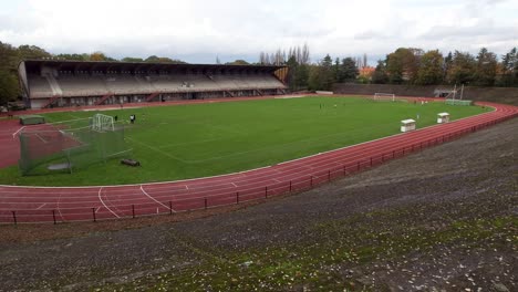 Wide-angle-view-of-the-Drie-Linden-stadium-in-Watermaal-Bosvoorde---Brussels,-Belgium