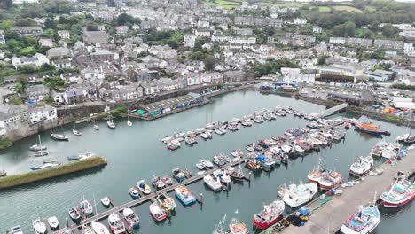 Reverse-drone,aerial--Newlyn-harbour-Cornish-fishing-port
