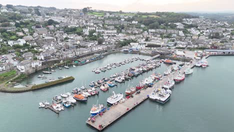 Panning-drone,aerial--Newlyn-harbour-Cornish-fishing-port-UK