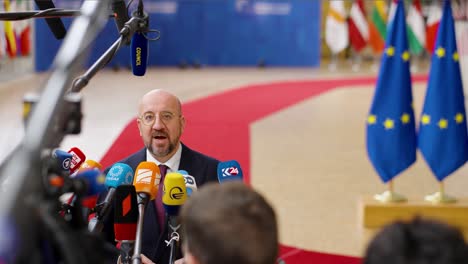 President-of-the-European-Council-Charles-Michel-talking-to-the-press-at-the-European-Council-summit-in-Brussels,-Belgium---Medium-shot,-slow-motion