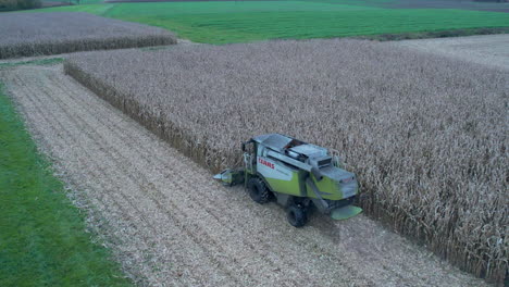 Toma-De-Seguimiento-De-La-Cosechadora-Claas-Lexio-510-Trabajando-En-Un-Campo-De-Maíz.