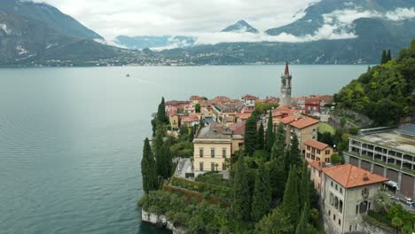 AERIAL:-Ferry-Leaving-Town-of-Varenna-in-Lake-Como