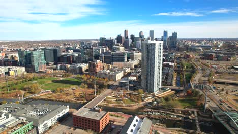 Aerial-Drone-view-Panning-around-Downtown-Denver,-Colorado,-USA-on-a-bright-fall-day