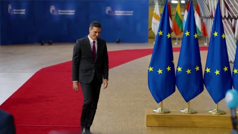 Spanish-Prime-Minister-Pedro-Sánchez-arriving-on-the-red-carpet-at-the-European-Council-summit-in-Brussels,-Belgium---Slow-motion