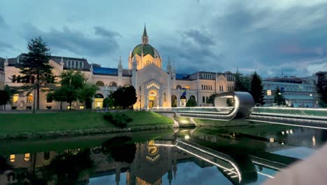 SARAJEVO---Bosnia-and-Herzegovina,-Sunset,-Sarajevo,-Historical-Sites,-Sunrise,-Iconic-Landmarks,-Wide-Angle-Lens,-Miljacka-River,-Explore,-Cinematic-Shots