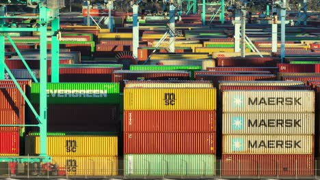 Versandcontainer-In-Einem-Geschäftigen-US-Hafen-Mit-Kränen-Und-Logistikausrüstung