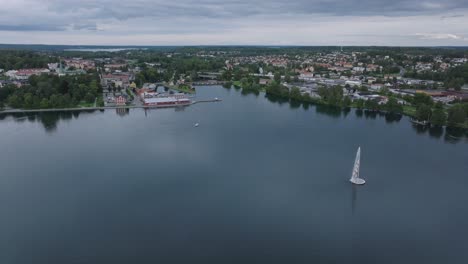 Beautiful-urban-Scandinavian-city-motala-in-Sweden,-aerial-establisher