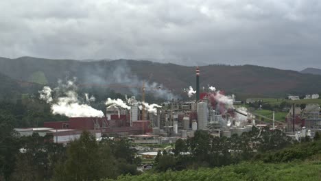 Timelapse-of-a-paper-industry-with-many-smokestacks-spewing-smoke-and-polluting-in-a-green-rural-area-on-a-cloudy-and-windy-day