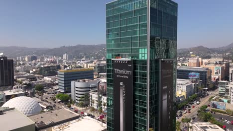 Aerial-View-Of-Sunset-Vine-Tower-Apartment-With-Massive-iPhone-Advert-In-Hollywood