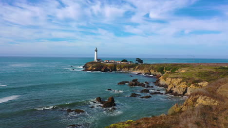 Aerial-view-toward-and-around-the-Walton-Lighthouse-in-sunny-Santa-Cruz,-CA,-USA