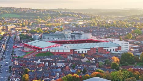 Aerial-panorama-view-showing-Bramall-Lane-Stadium-of-Sheffield-United-and-English-neighborhood-at-sunset