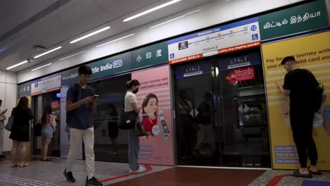 Commuters-And-Singaporean-Locals-Waiting-Beside-Platform-Doors-As-MRT-Train-Approaches-At-Little-India-DT12-Station