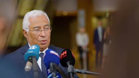 Former-Portuguese-Prime-Minister-António-Costa-giving-a-statement-at-the-European-Council-summit-in-Brussels,-Belgium---Close-shot,-slow-motion