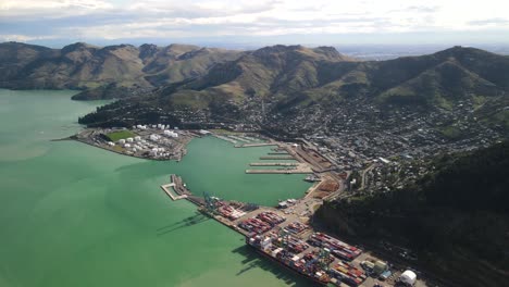 Lyttelton-port-town,-Banks-Peninsula,-New-Zealand---aerial-panoramic,-coastal-landscape