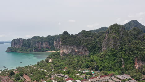 Aerial-View-of-Resorts-and-Lime-Stone-Mountains-at-Railay-Beach,-Krabi,-Thailand