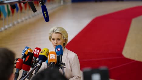 President-of-the-European-Commission-Ursula-von-der-Leyen-explaining-herself-at-the-European-Council-summit-in-Brussels,-Belgium---Medium-shot