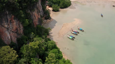 Aerial-View-of-Long-Tail-Boats-at-Railay-Beach,-Krabi,-Thailand
