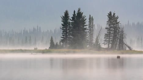 Evening-mist-on-lake-in-Kananaskis-country,-Canadian-Rockies