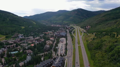 Aerial-overview-of-the-Vail-town,-cloudy,-summer-day-in-Colorado,-United-states