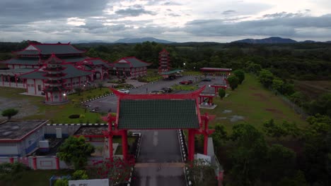 Drone-shot-of-Masjid-mosque-Cina-Melaka-during-sunset-in-Malaysia