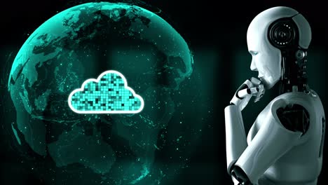 Der-KI-Roboter-Huminoid-Nutzt-Cloud-Computing-Technologie,-Um-Daten-Auf-Einem-Online-Server-Zu-Speichern