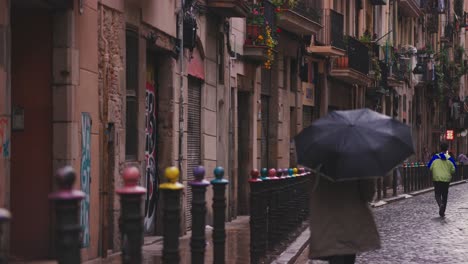People-with-umbrellas-walk-on-the-street-over-rain-covered-cobblestones-in-the-old-center-of-Barcelona