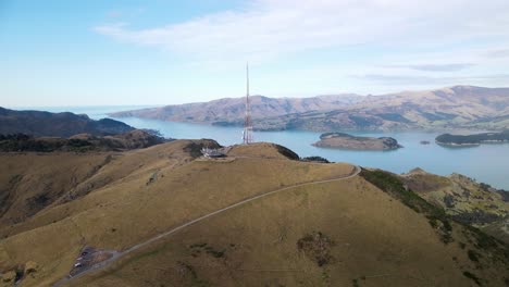 Sugarloaf-Hill-communication-tower-and-Port-Hills-aerial-landscape