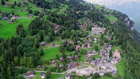 Summer-in-Braunwald-Resort,-Tourist-Travel-Destination-in-Switzerland,-Aerial-Landscape