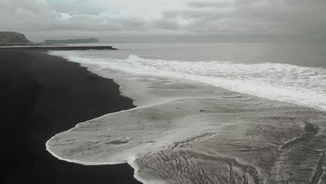 Cinematic-slow-motion-aerial-black-sand-beach-ocean-waves,-moody-dark-scenery,-Vik,-Iceland