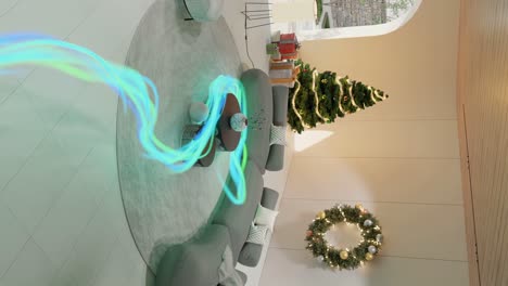 Glowing-line-moving-through-a-christmas-decorated-living-room---VFX-render-vertical