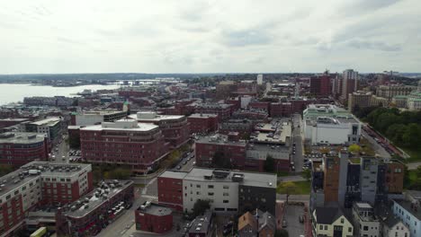Aerial-of-red-building-residential-area-of-Portland-city-near-Fore-riverside