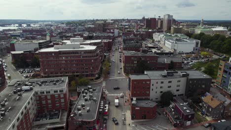 Cars-Driving-In-City-Streets,-Portland-Maine-Aerial-Shot