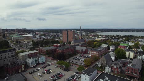 Aerial-downtown-skyline-of-Cathedral-of-the-Immaculate-Conception-parking-lot