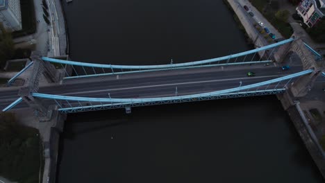 Aerial-view-of-Grunwald-Bridge,-the-largest-suspension-bridge-in-Wrocław,-Poland