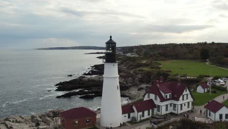 Portland-Head-Light-Lighthouse-near-Atlantic-ocean-aerial-in-cloudy-day