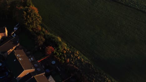 British-neighbourhood-housing-aerial-view-looking-down-over-early-morning-sunrise-autumn-coloured-home-rooftops