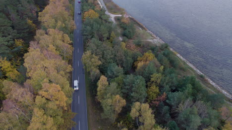 Aerial-view-of-a-road-between-a-colorful-autumn-forest-and-a-calm-lake-with-vehicles