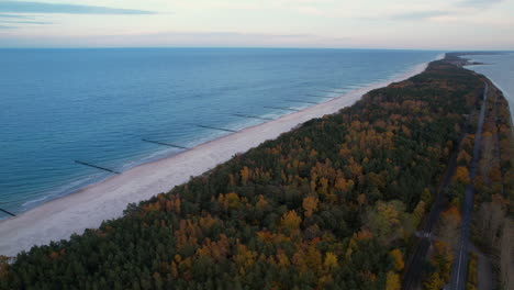 Aerial-view-of-a-coastline-with-a-beach,-sea,-and-autumn-hued-forest-at-dusk---Kuźnica,-Poland