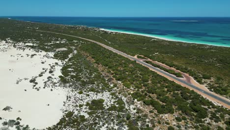 Aerial-view-of-Indian-Ocean-Drive-in-the-Australian-state,-Coastal-Highway-Scenic-Drive-alongside-the-Indian-Ocean