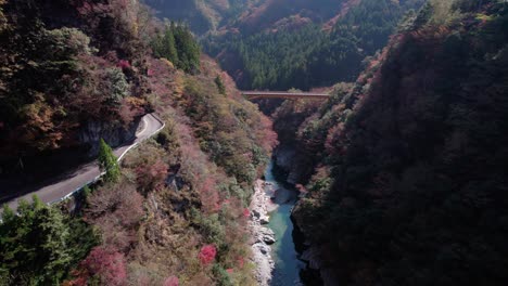 Fly-over-the-mountains-of-Shikoku-in-autumn-and-the-road-leading-to-it,-with-the-red-foliage-in-Japan