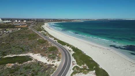 Aerial-view-of-Geraldton-Beach-scenic-highway,-driveway,-Western-Australia