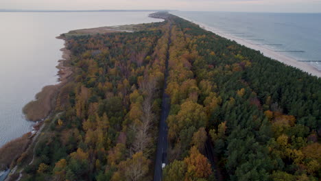 Aerial-view-of-a-road-stretching-through-a-dense-forest-towards-a-spit,-with-the-sea-on-one-side---Kuznica