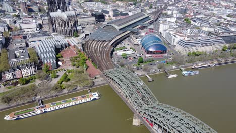 Aerial-cityscape-of-cologne-city-landmarks-on-sunny-day,-Germany